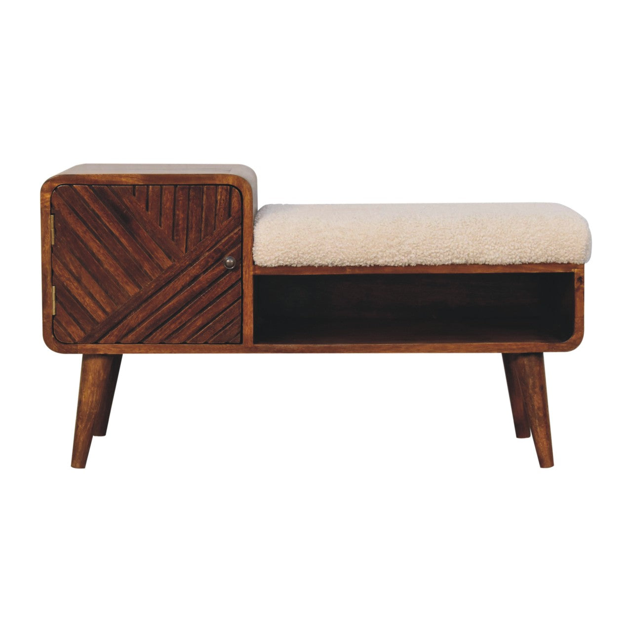 Bouclé Storage Bench Chestnut finish made from mango wood