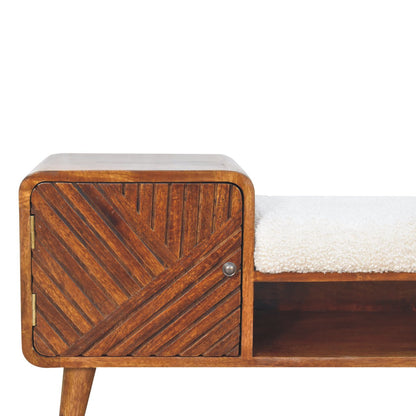 Bouclé Storage Bench Chestnut finish made from mango wood