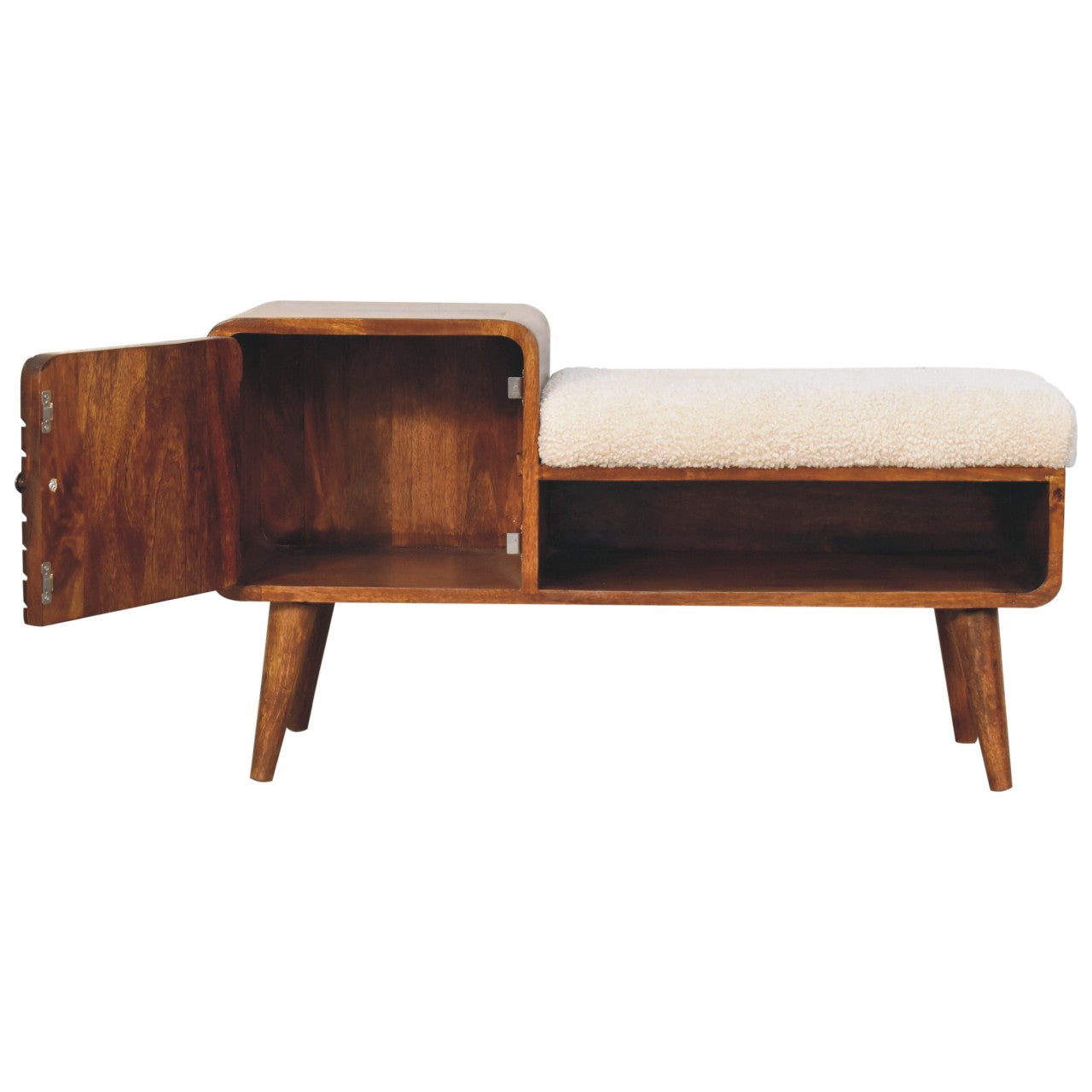 Bouclé Storage Bench Chestnut finish made from mango wood