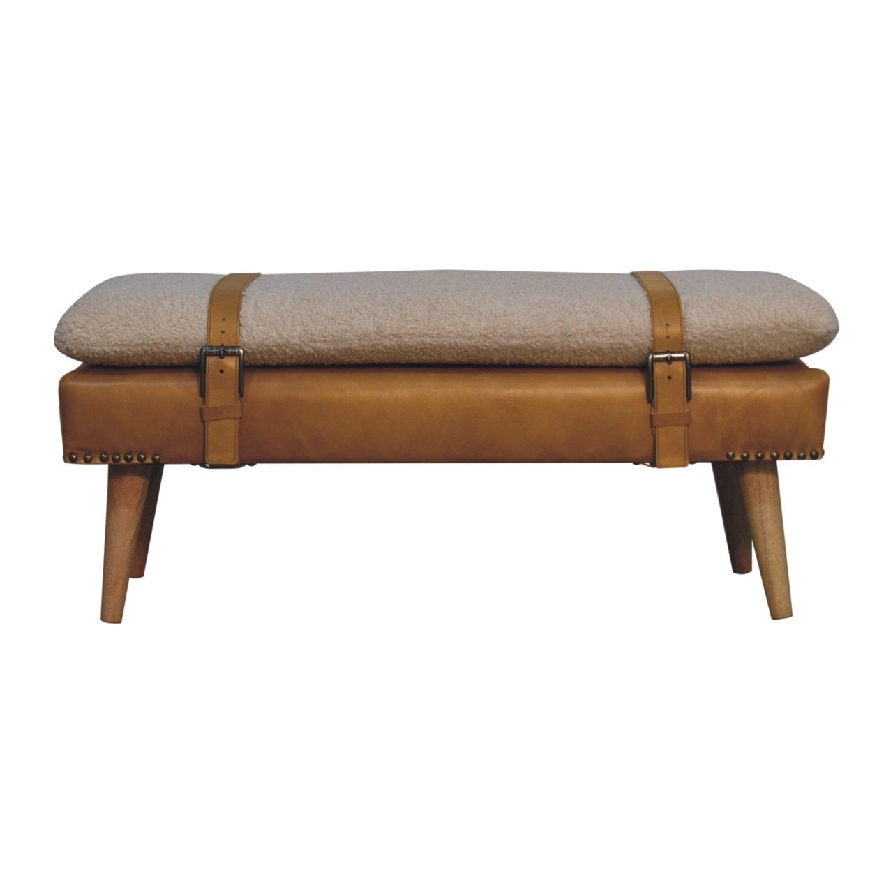 Tan strapped boucle bench mango wood and leather