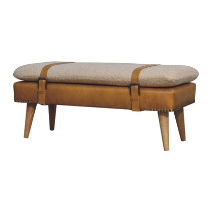 Tan strapped boucle bench mango wood and leather