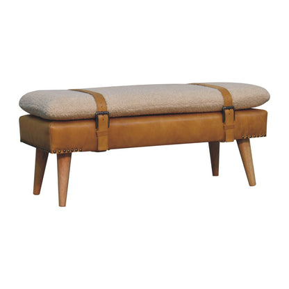 Tan strapped boucle bench mango wood and leather