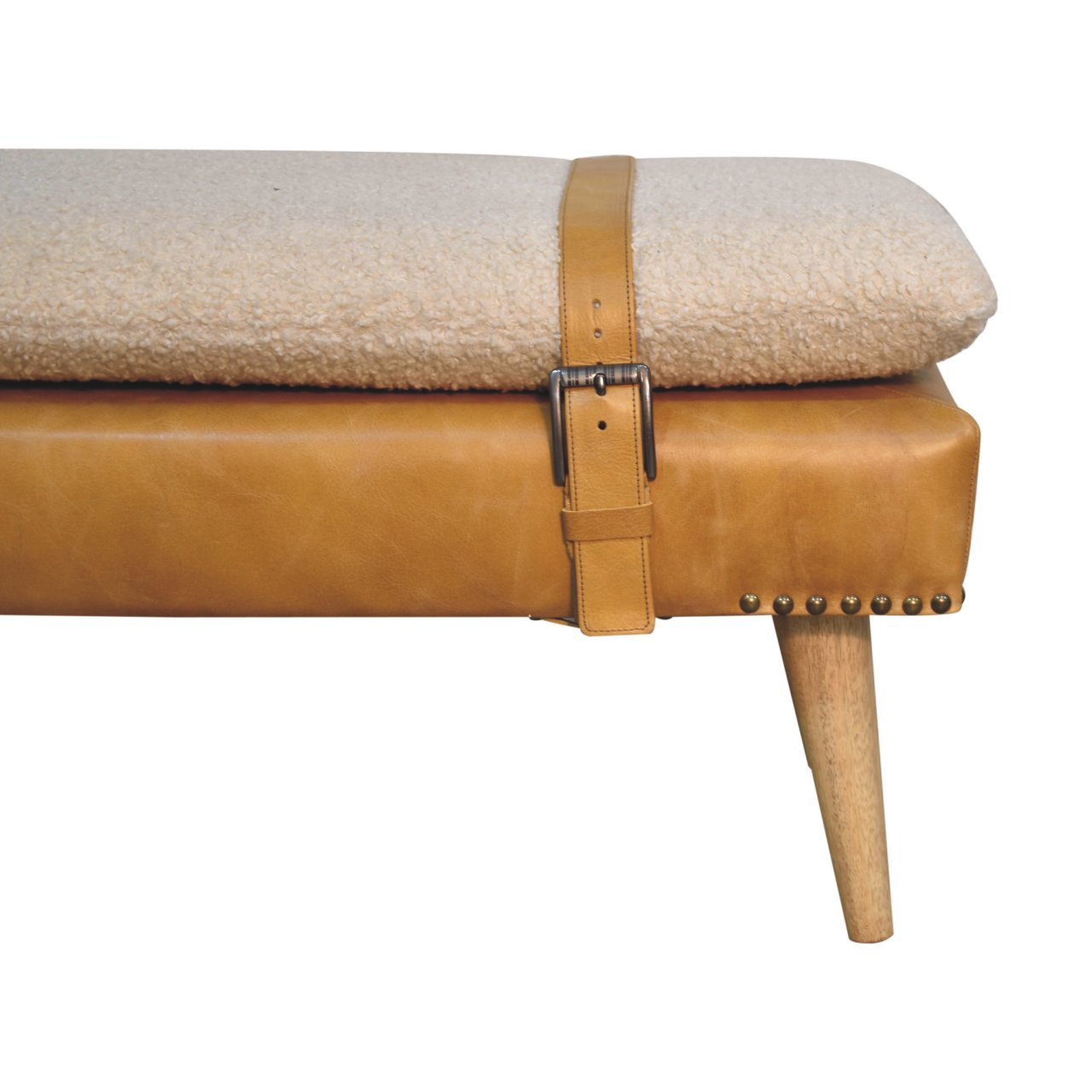 Tan strapped boucle bench mango wood and leather