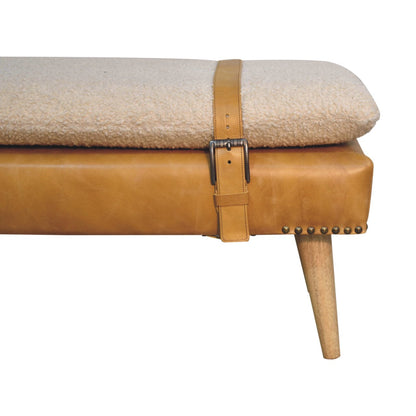 Tan strapped boucle bench mango wood and leather