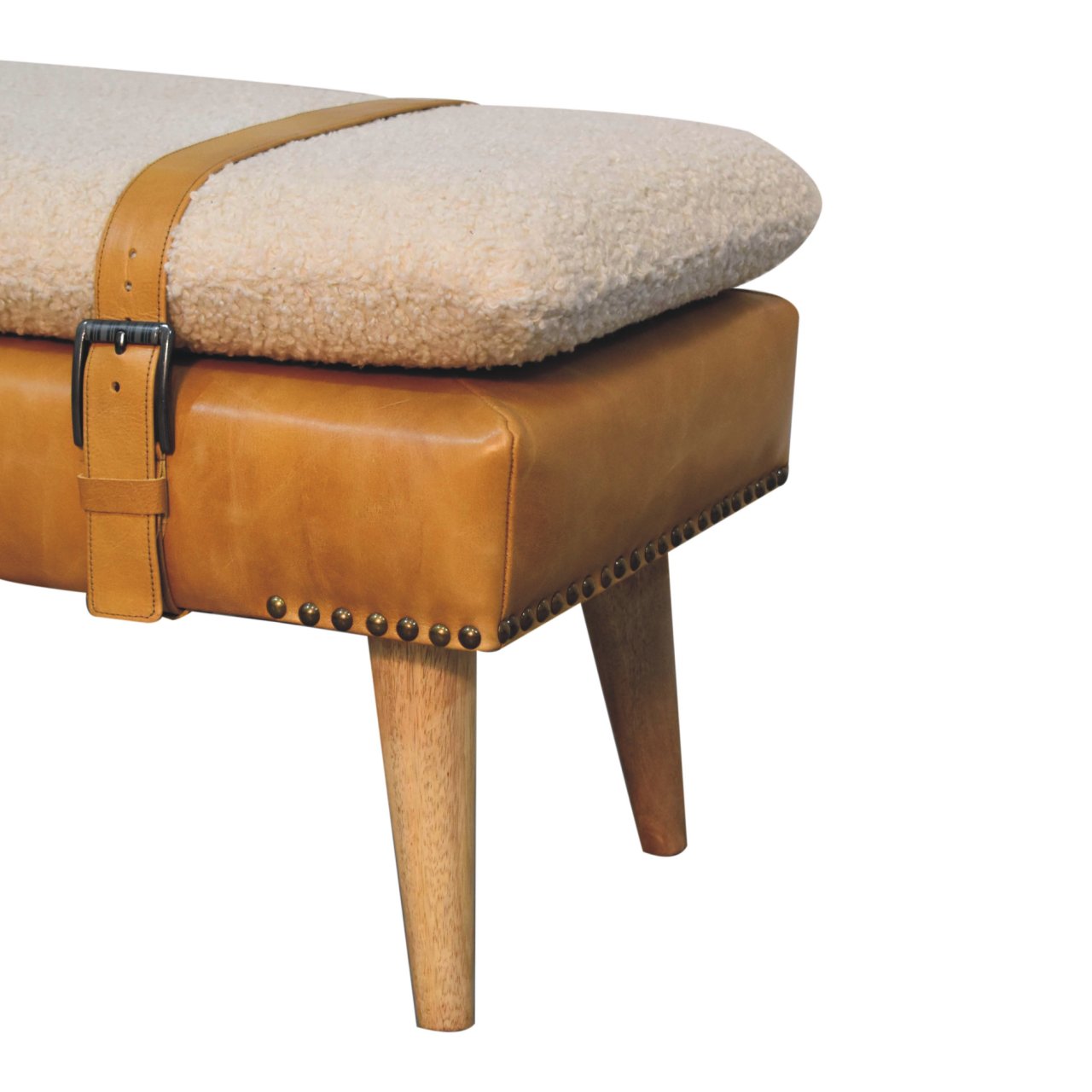 Tan strapped boucle bench mango wood and leather