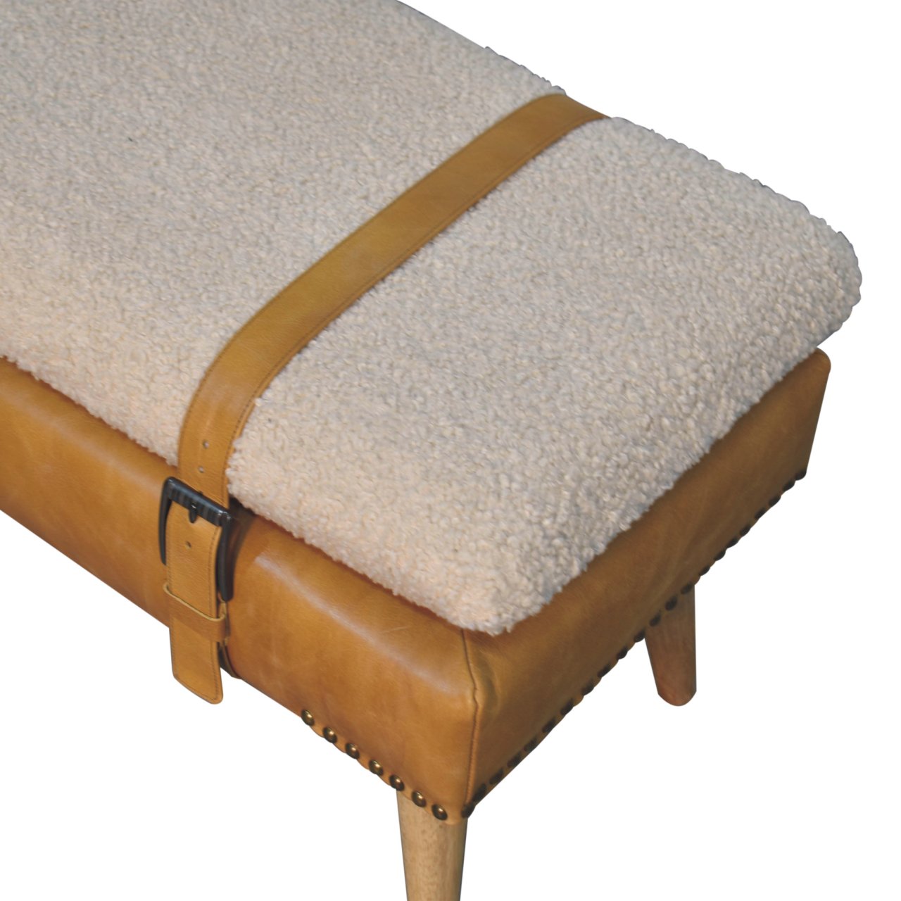 Tan strapped boucle bench mango wood and leather