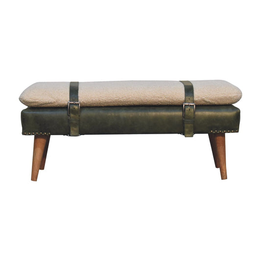 Olive green strapped boucle bench mango wood and leather