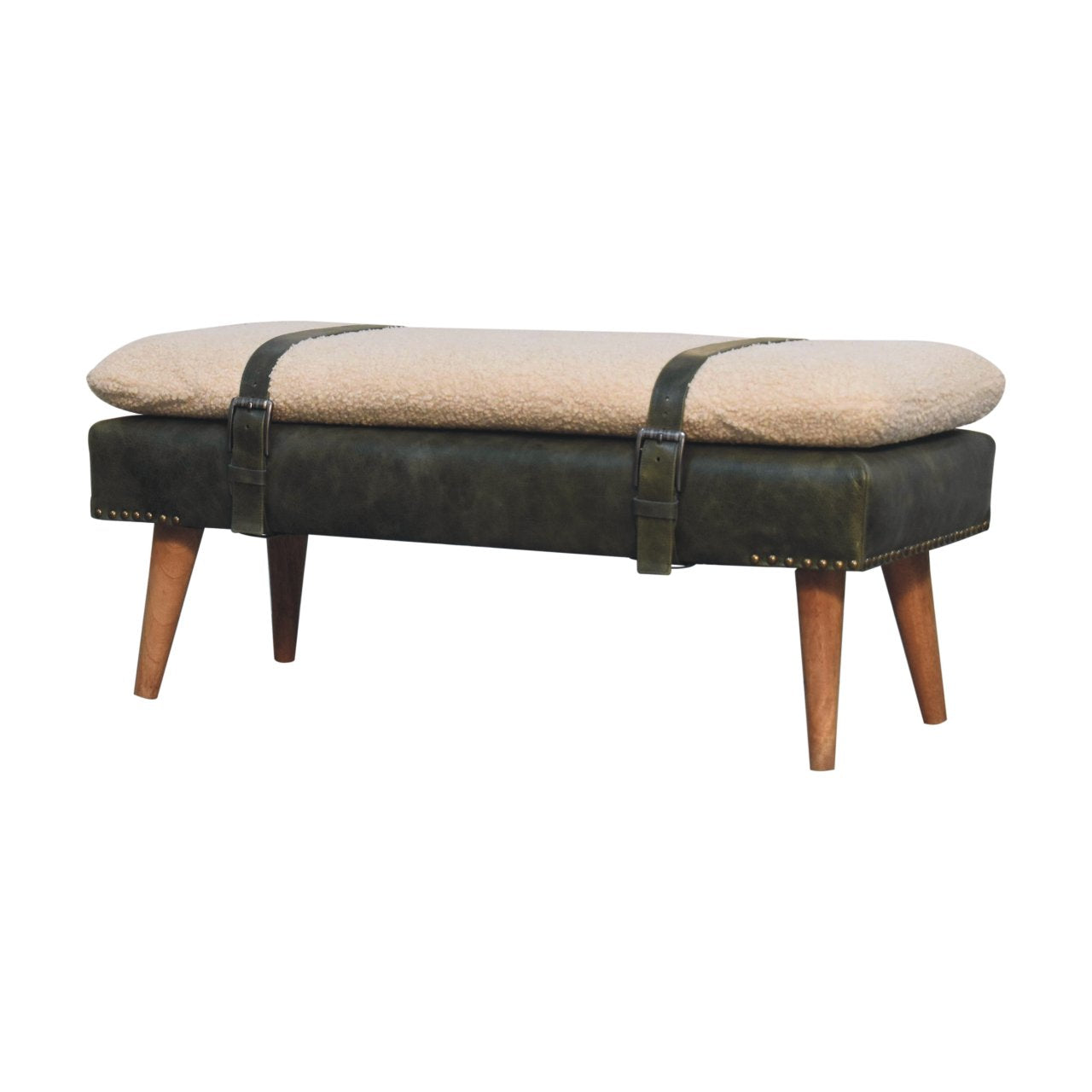 Olive green strapped boucle bench mango wood and leather