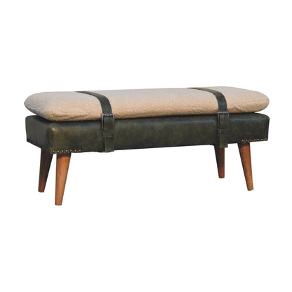 Olive green strapped boucle bench mango wood and leather