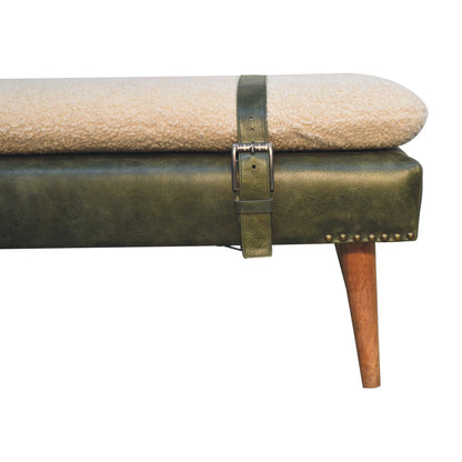 Olive green strapped boucle bench mango wood and leather