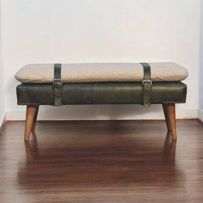 Olive green strapped boucle bench mango wood and leather