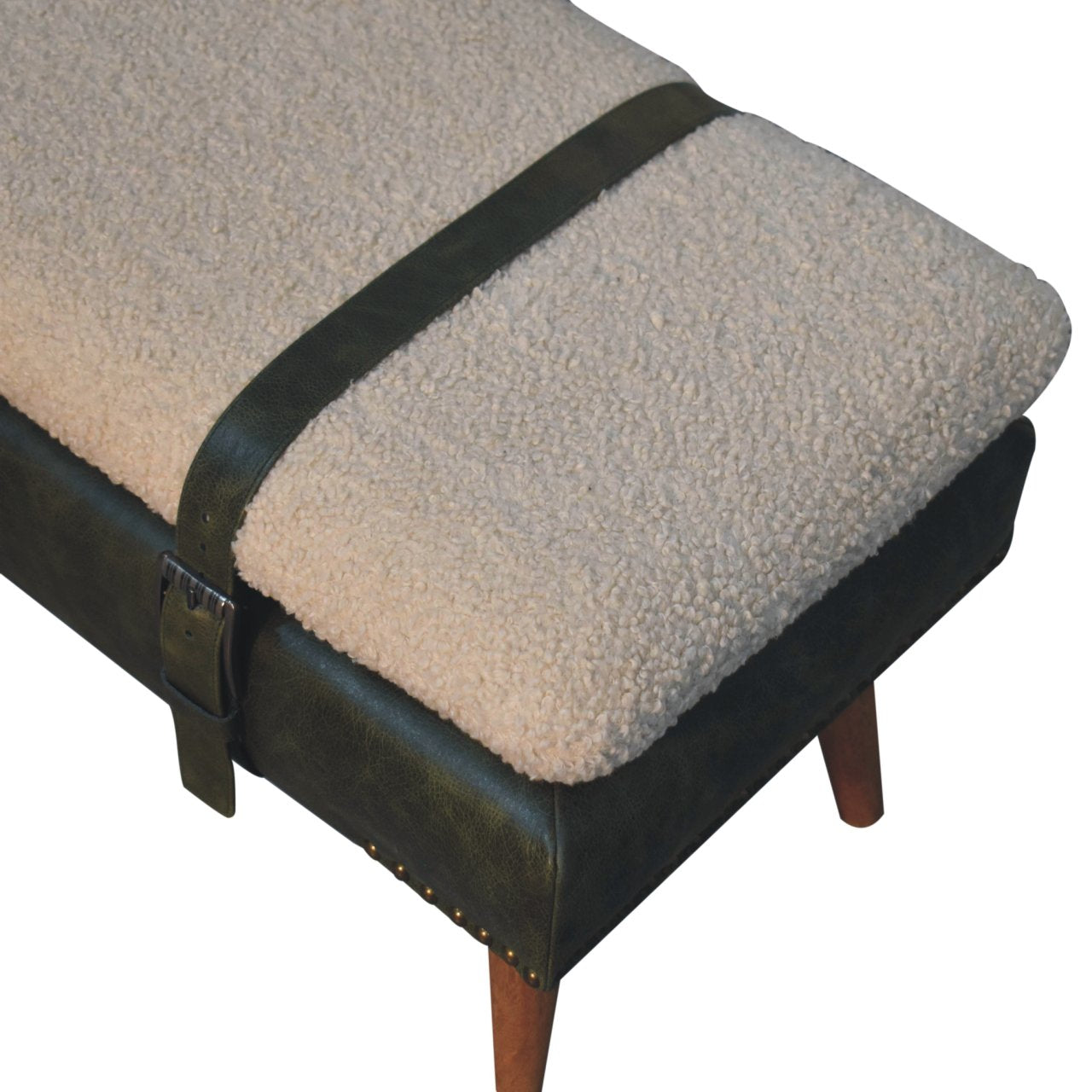 Olive green strapped boucle bench mango wood and leather