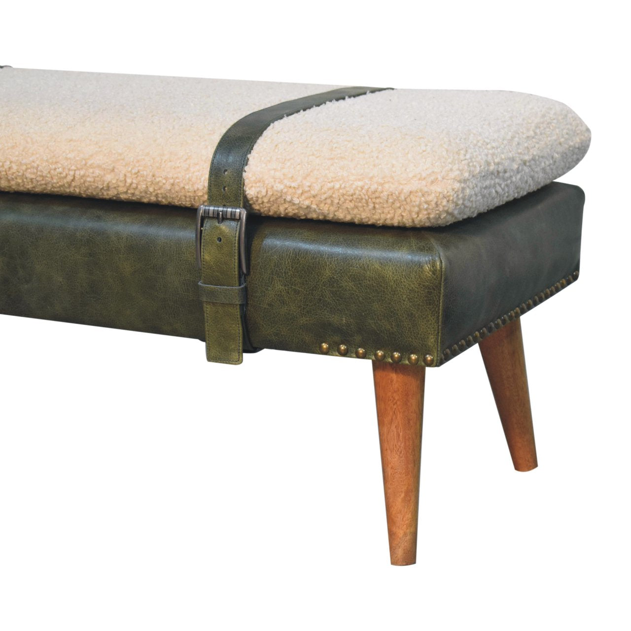 Olive green strapped boucle bench mango wood and leather