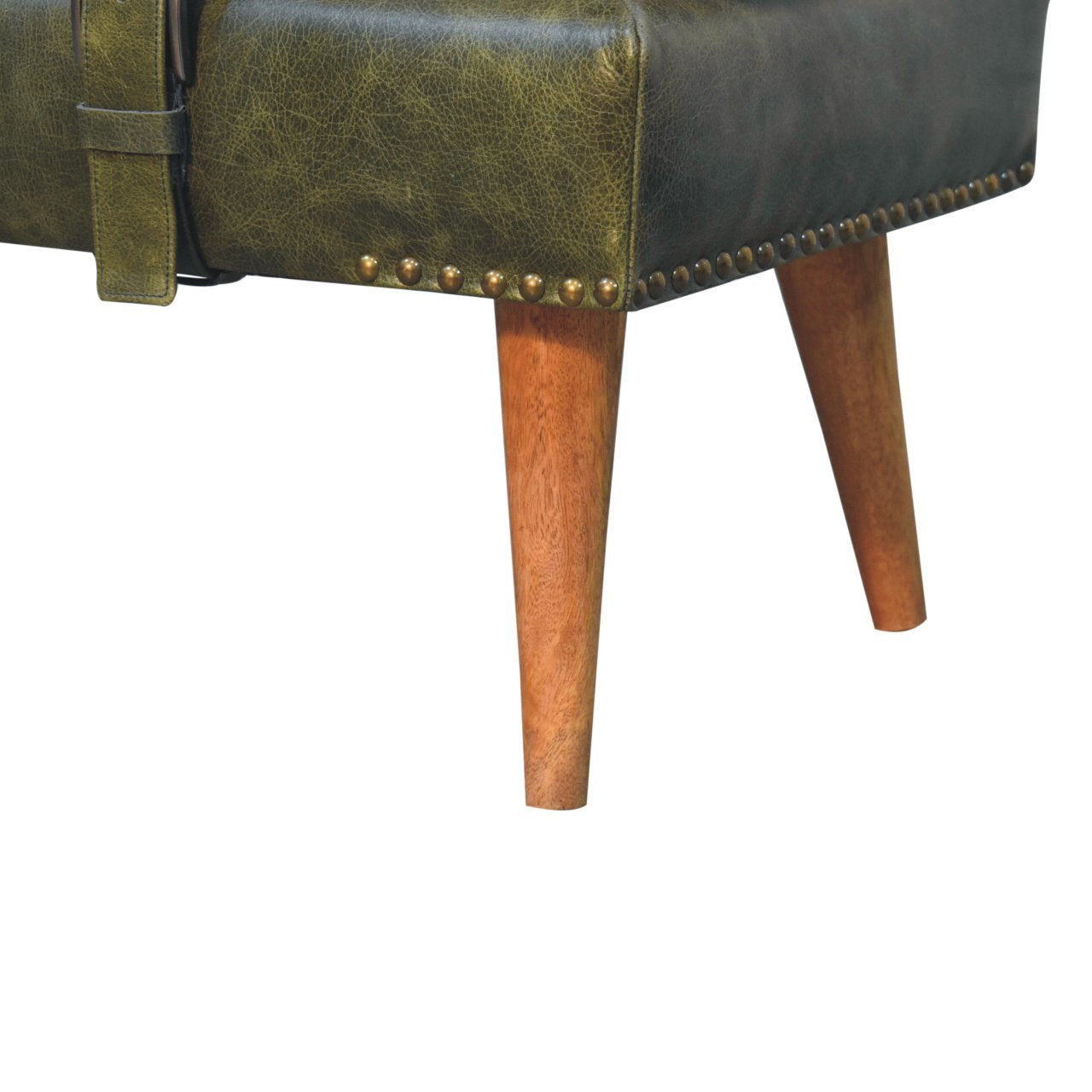 Olive green strapped boucle bench mango wood and leather