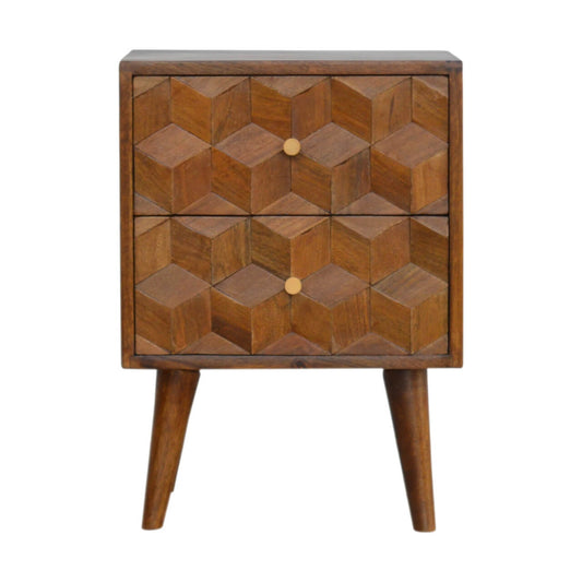 Mango Wood Cube Carved Bedside Table