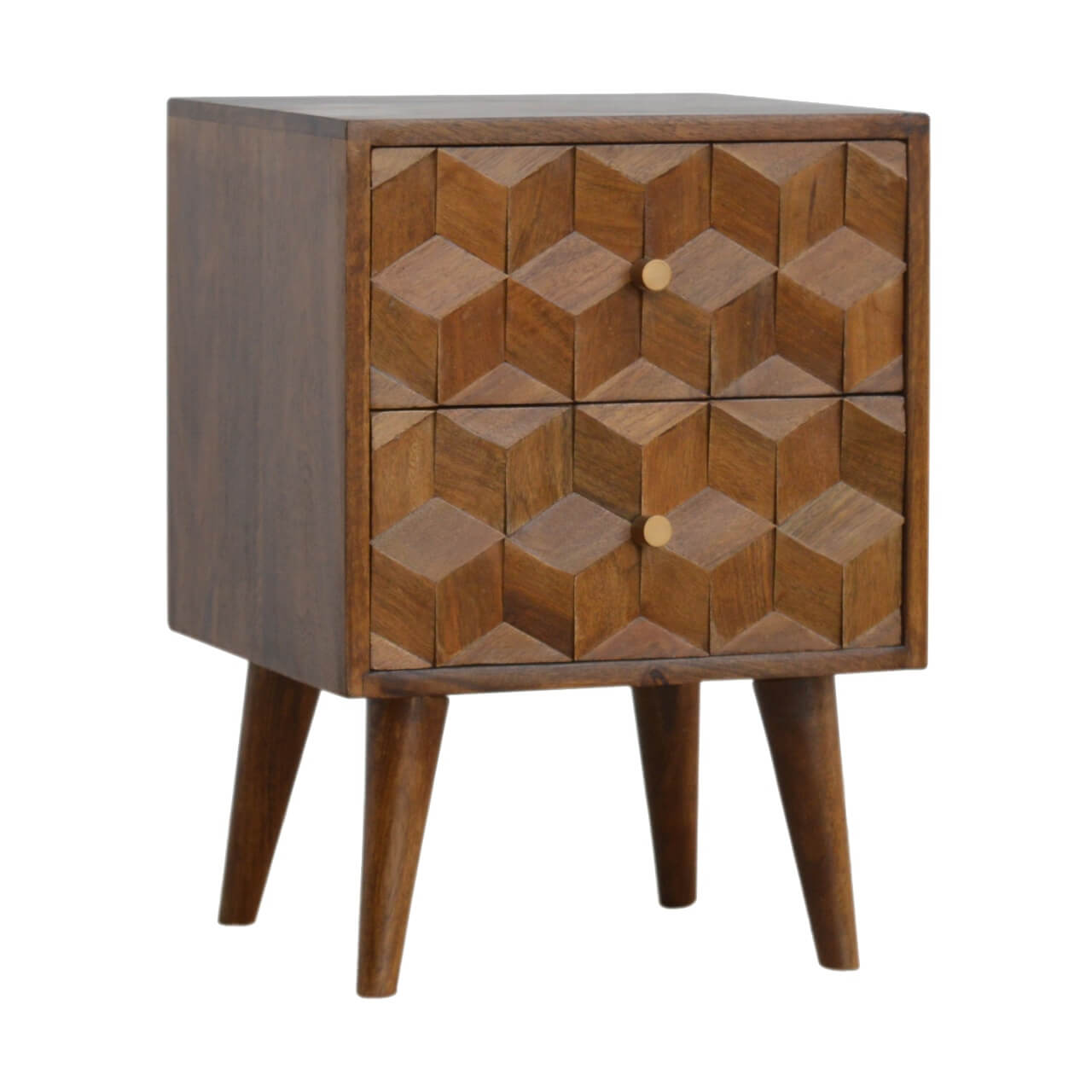 Mango Wood Cube Carved Bedside Table