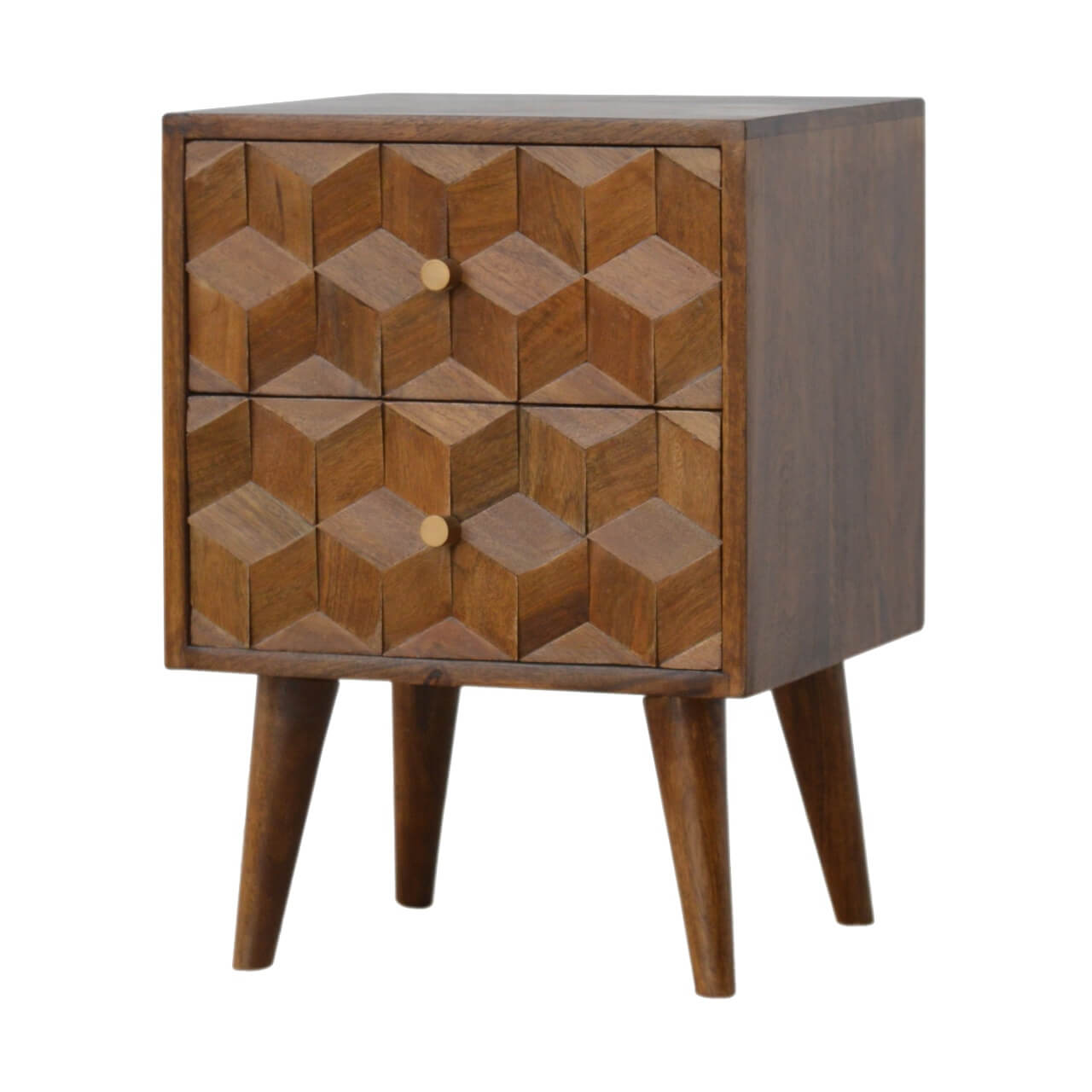 Mango Wood Cube Carved Bedside Table