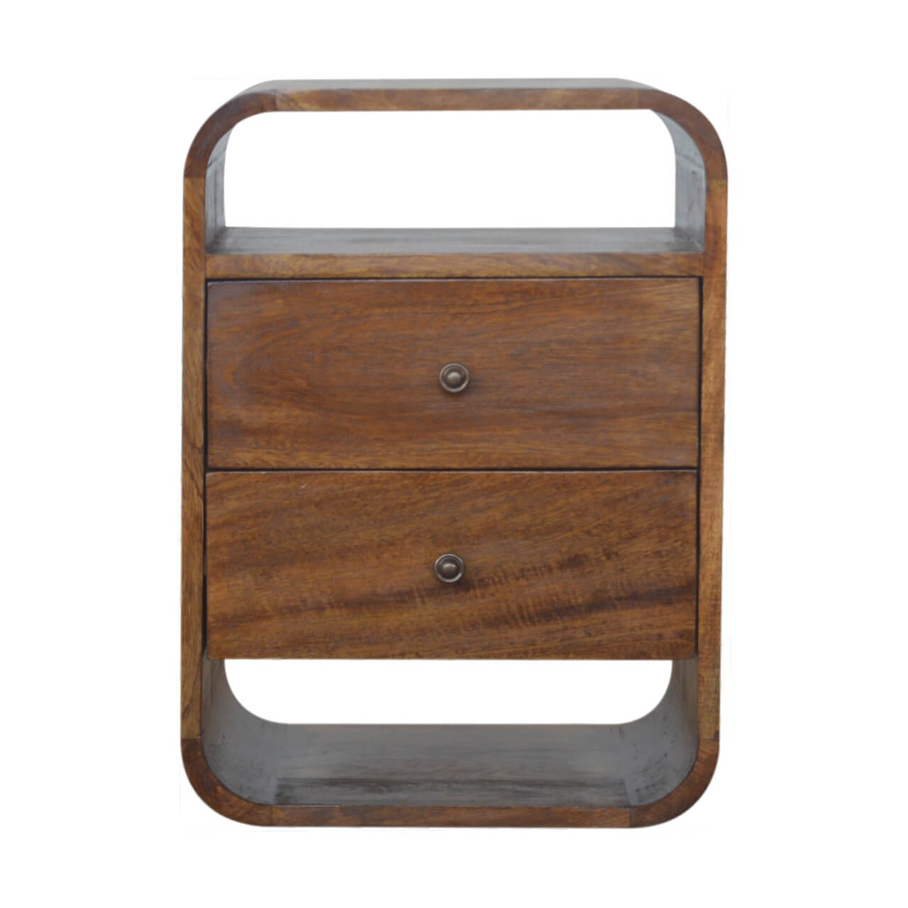 Curved mango wood bedside table with 2 drawers