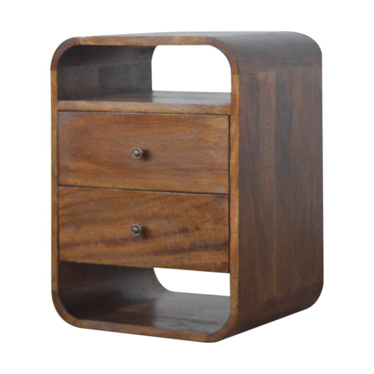 Curved mango wood bedside table with 2 drawers