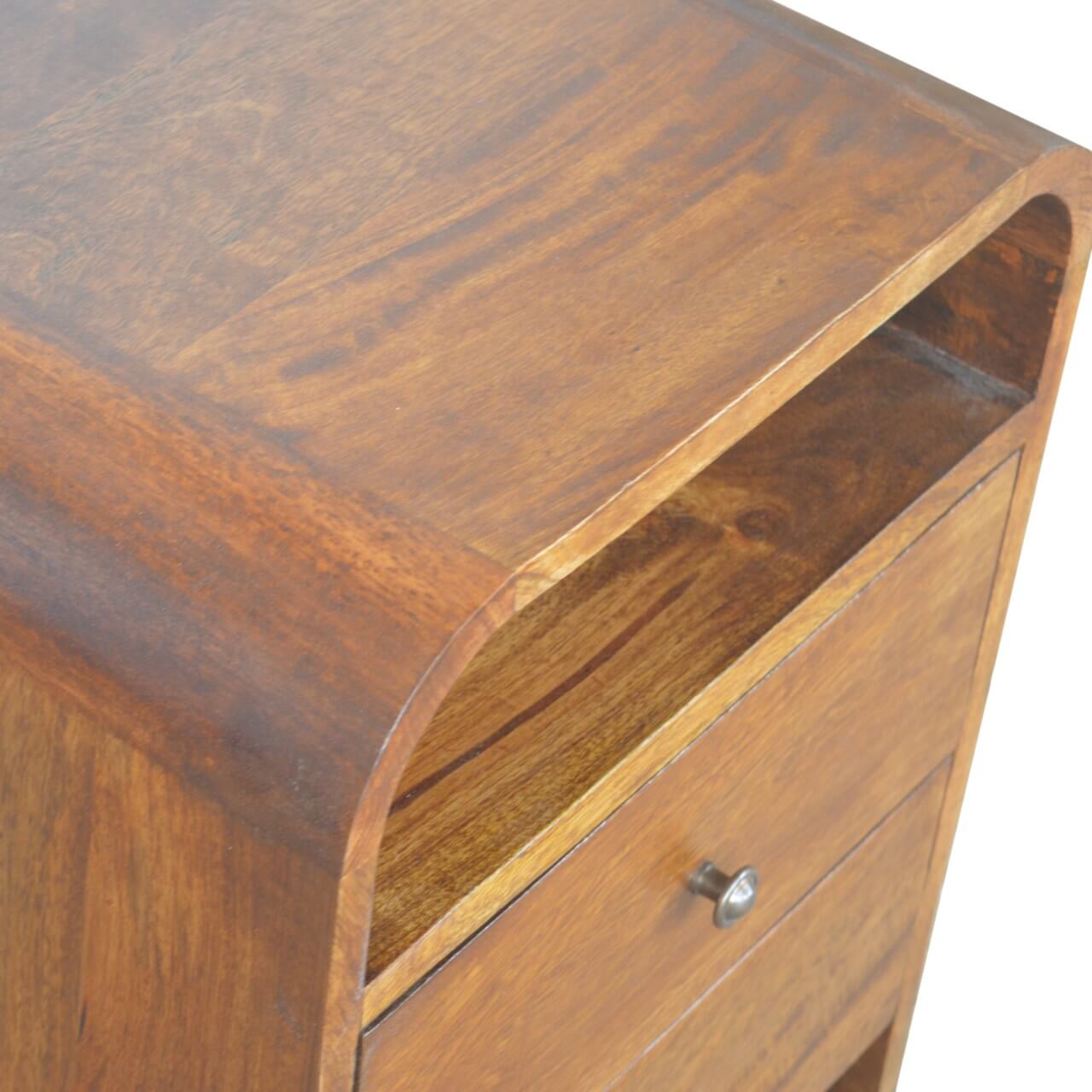 Curved mango wood bedside table with 2 drawers